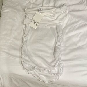 ZARA RUCHED SEMI-SHEER SHORT SLEEVE PFF THE SHOULDER COTTON TOP